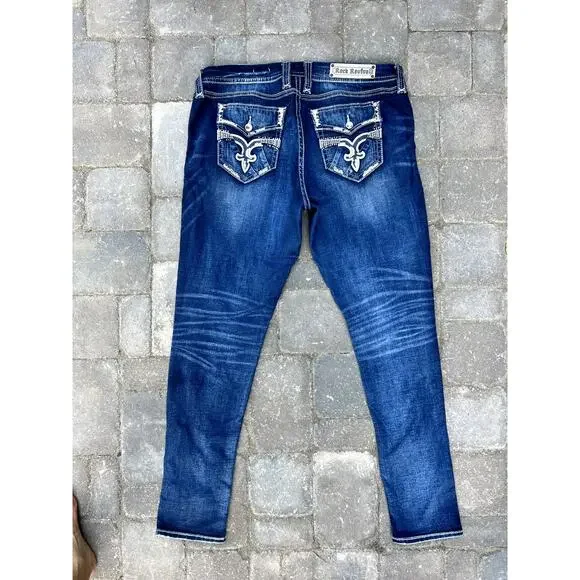 Rock Revival high rise embroidered dark easy skinny jeans size 33x32.5" - Picture 2 of 5